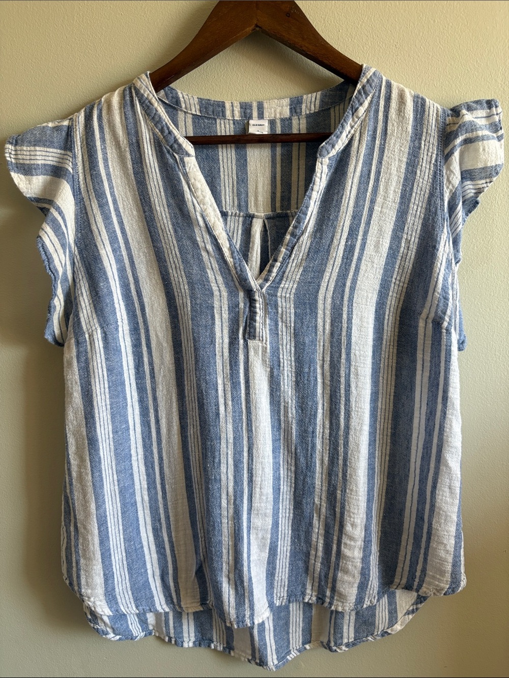 Light Blue White Stripe Flutter Sleeve Coastal Top